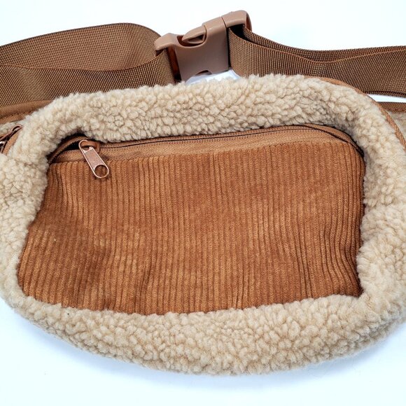Sherpa and Cordoroy Belt Bag Gold Fanny Pack Beige - Picture 2 of 10